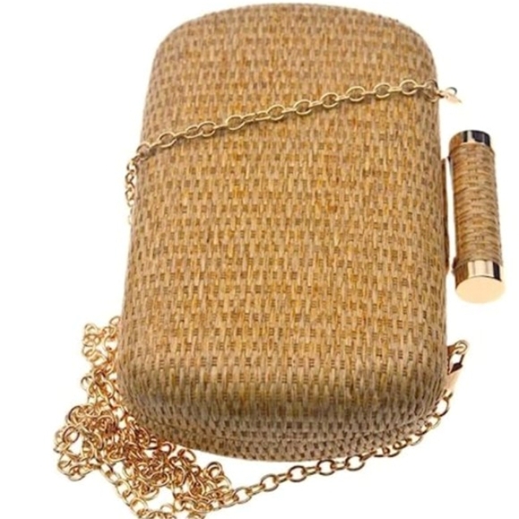 Tan Rattan Hard Case Clutch Purse Woven Wicker Handbag Crossbody Bag Long Chain - Picture 5 of 13